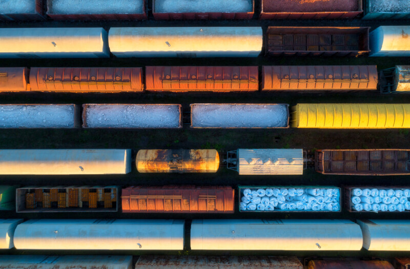 Drone view of freight trains at sunset railway ca 2024 11 27 05 49 37 utc